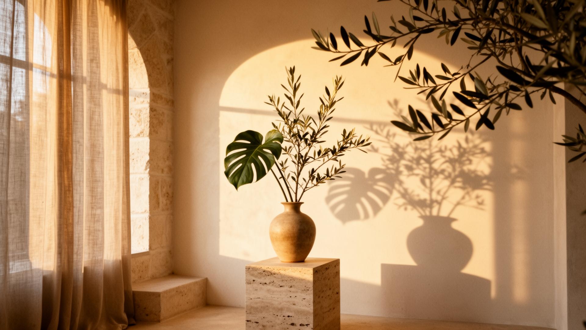 Sunlit minimalist interior with olive branch shadows